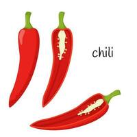 Red hot chili pepper. Whole, half in cross-section, cut. Ingredient, an element for the design of food packaging, recipes, and menus. Isolated on white vector illustration in flat style.