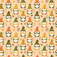 Seamless pattern with cute autumn gnomes holding mushroom, leaves, twigs in their hands. Backdrop of cartoon forest dwarfs for wrapping paper, wallpaper, textile. Vector characters on light background