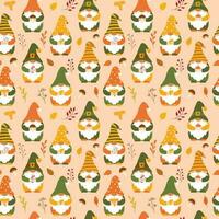 Seamless pattern with cute autumn gnomes holding mushroom, leaves, twigs in their hands. Backdrop of cartoon forest dwarfs for wrapping paper, wallpaper, textile. Vector characters on light background