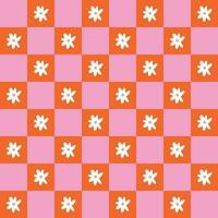 Checkerboard seamless pattern. Chessboard pattern. Retro background. Hippie background. Floral seamless pattern. Pink background vector