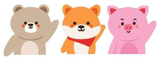 hand drawing cartoon bear, puppy, pig say hi. cute animal sticker vector