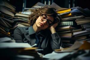 muy cansado mujer duerme en un montón de archivos en el oficina foto