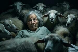 Old woman tries to sleep and counting sheep in the bed photo