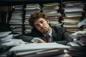 Very tired man sleeps on lots of files in the office photo