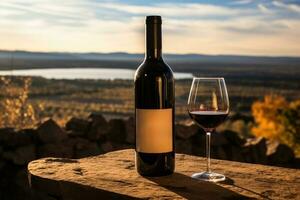 Vineyard tasting Wine bottle and glass with scenic backdrop photo