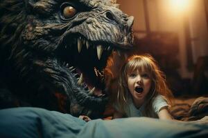 Child's nightmare a huge monster attacks a little frightened girl photo
