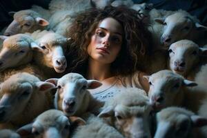 Woman tries to sleep and counting sheep in the bed photo