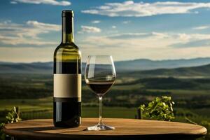 Vineyard tasting Wine bottle and glass with scenic backdrop photo