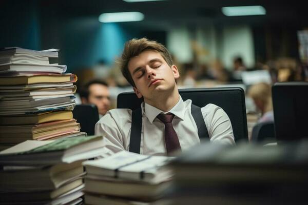 Very tired man sleeps on lots of files in the office
