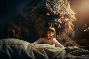 Child's nightmare a huge monster attacks a little frightened girl under the bed photo