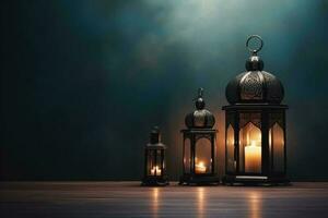 Ramadan Kareem with serene mosque and lantern photo