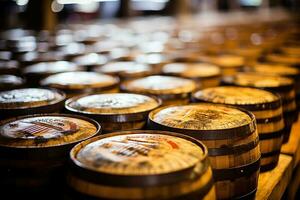 Close-up of a stack of whisky barrels photo