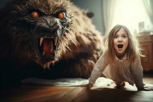 niño pesadilla un enorme monstruo ataques un pequeño asustado niña debajo el cama foto