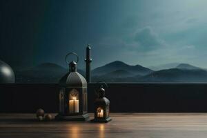 Ramadan Kareem with serene mosque and lantern photo