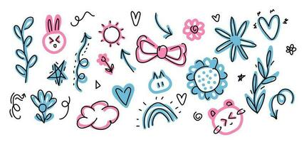 A set of cute doodle elements. Vector. Animal faces, flowers, arrows, rainbows. Can be used for creating children s books, scrapbooking, crafting, stationery vector