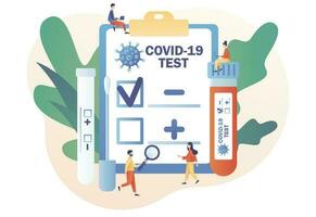 Coronavirus Covid-19 testing. Positive or negative testing result. Tiny doctor or nurse doing Coronavirus PCR test. Patient receiving Covid-19 rapid test. Modern flat cartoon style.Vector illustration vector