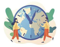 World time zones. International time and date. Big clock showing local time. Tiny business people worldwide. Modern flat cartoon style. Vector illustration on white background