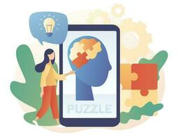 Human heads puzzle on smartphone screen. Mental health. Knowledge, psychology, memory, logic. Mutual understanding. Modern flat cartoon style. Vector illustration on white background