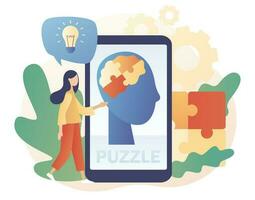 Human heads puzzle on smartphone screen. Mental health. Knowledge, psychology, memory, logic. Mutual understanding. Modern flat cartoon style. Vector illustration on white background