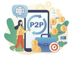 Peer-to-peer trading online. P2P lending. Tiny woman invest e-money. Investment in loan. Deposit agreement. Cryptocurrency. Modern flat cartoon style. Vector illustration on white background