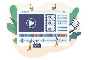 Video editor. Video maker online course. Studio filmmaking. Tiny people footage editing and making multimedia content production. Modern flat cartoon style. Vector illustration on white background