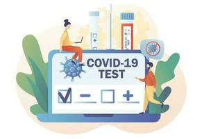 Covid-19 testing. Tiny doctor or nurse doing Coronavirus PCR test. Positive or negative testing result online. Patient receiving Covid-19 rapid test. Modern flat cartoon style. Vector illustration