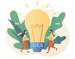 Idea concept. Big light bulb. Innovative lamp.Tiny people inspiration developing new business ideas. Thinking and brainstorm. Modern flat cartoon style. Vector illustration on white background