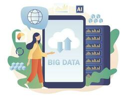 Big data - text on smartphone screen. Tiny woman data engineers. Data science and jobs. Data analysis. Developer career. Modern flat cartoon style. Vector illustration on white background