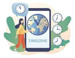 Time zones. International time and date online. Clock showing local time in smartphone app. Tiny business woman worldwide. Modern flat cartoon style. Vector illustration on white background