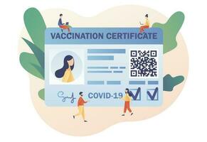 Vaccination certificate with QR code. Vaccine passport. People health passport of vaccination for covid-19. Travel during Coronavirus pandemic. Modern flat cartoon style. Vector illustration