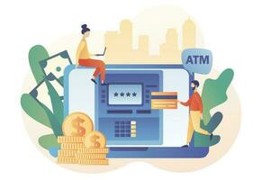 ATM on laptop. Tiny people withdraws money from credit card in online atm machine. Banking terminal. Online payment. Modern flat cartoon style. Vector illustration on white background