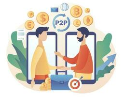 Peer-to-peer trading. P2P lending. Tiny people enter into deposit agreement. Invest e-money. Investment in loan. Cryptocurrency. Modern flat cartoon style. Vector illustration on white background