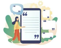Tiny woman quoted text great and famous people. Quote box and speech bubble in smartphone app. Texting quote boxes. Modern flat cartoon style. Vector illustration on white background