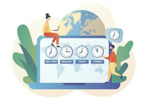 Time zones on laptop. International time and date. Clocks showing local time online on web site. Tiny business people worldwide. Modern flat cartoon style. Vector illustration on white background