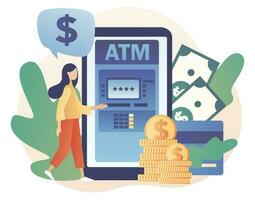 ATM in smartphone. Tiny woman withdraws money from credit card in online atm machine. Banking terminal. Online payment. Modern flat cartoon style. Vector illustration on white background