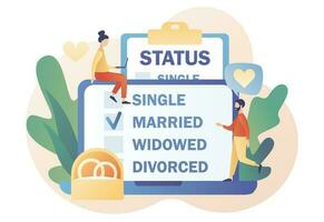 Marital status. Online checkbox list with single, married, widowed and divorced options for tiny people. Legal status change. Relationship concept. Modern flat cartoon style. Vector illustration