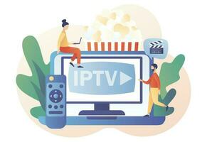 Internet protocol television. IPTV online in laptop. Tiny people watch digital media TV stream. Smart multimedia technology. Modern flat cartoon style. Vector illustration on white background