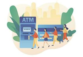 ATM concept. Tiny people waiting in line near atm machine holding credit card. Banking terminal. Online payment. Modern flat cartoon style. Vector illustration on white background