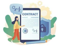 Tiny businesswoman signing agreement, legal document or contract in smartphone app. Contract online. Digital signature. Modern flat cartoon style. Vector illustration on white background
