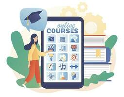 Online courses. Tiny woman learn, watch webinars online in smartphone app. E-learning concept. Distance education. Modern flat cartoon style. Vector illustration on white background