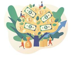 Money tree as metaphor of income and revenue. Tiny people grow financial capital. Investment and business concept. Investor strategy. Modern flat cartoon style. Vector illustration on white background