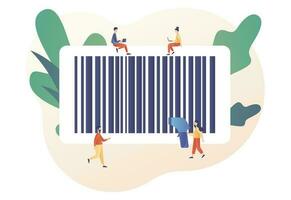 Big bar code. Tiny people scan bar-code. Handheld barcode scanner. Modern flat cartoon style. Vector illustration on white background