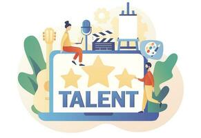 Talented tiny people. Super star. Talent - text on laptop screen. Open your potential. Modern flat cartoon style. Vector illustration on white background