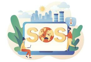 Climate change. SOS - text on laptop screen. Global warming concept. Tiny people trying save planet Earth. World Environment day. Ecology hazards, air pollution. Modern flat cartoon style. Vector