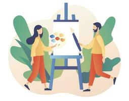 Art school or studio. Artist. Tiny people artists with canvas on easel, pallete and brushes. Art workshop. Create picture. Modern flat cartoon style. Vector illustration on white background