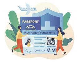 vacunación certificado. viaje durante coronavirus pandemia. vacuna pasaporte. personas salud pasaporte de vacunación para COVID-19. moderno plano dibujos animados estilo. vector ilustración en blanco antecedentes