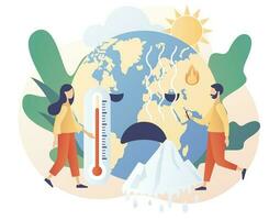 Climate change. Tiny people trying save planet Earth. Global warming concept. World Environment day. Ecology hazards, air pollution. Modern flat cartoon style. Vector illustration on white background