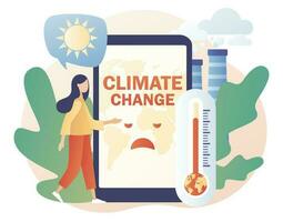 Climate change - text on smartphone screen. Tiny woman trying save planet Earth. Global warming concept. World Environment day. Ecology hazards, air pollution. Modern flat cartoon style. Vector