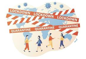 Lockdown in world countries. Warning stripes quarantine with Earth map. Danger zone. Stop COVID-19 Coronavirus. Modern flat cartoon style. Vector illustration on white background