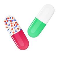 Two capsules with medicine. Pharmacy banner concept vector